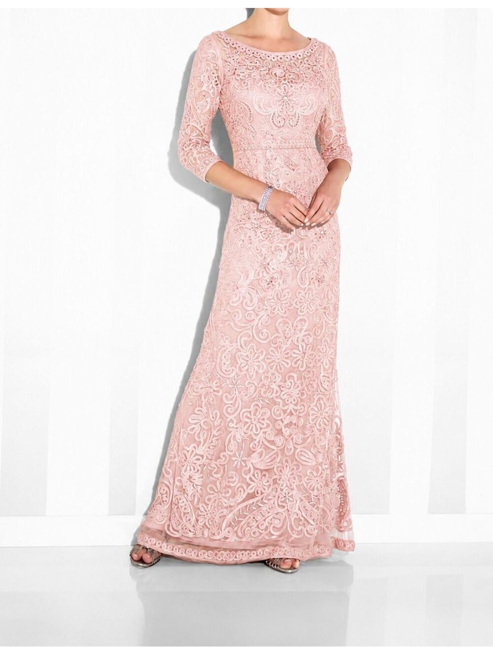 Women's Pink Lace Maxi Dress with Three-Quarter Sleeves